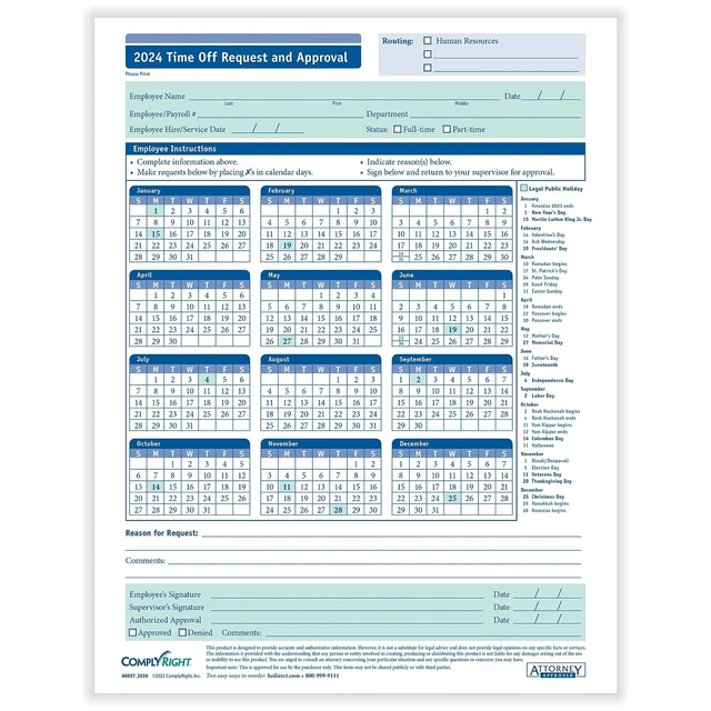 COMPLYRIGHT 2024 TIME Off Request and Approval Calendar Pack of 50
