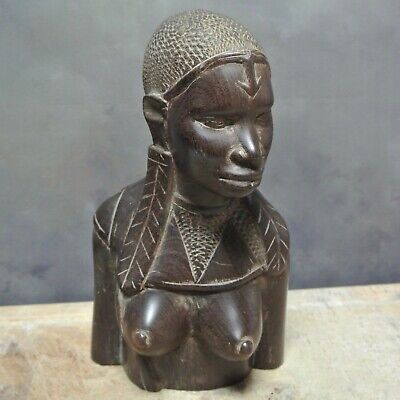 Hand Carved AFRICAN TRIBAL WOMAN BUST Ebony? Wood Statue Female Lady 8½"