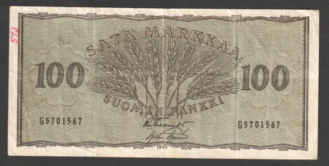 FINLAND 100 MARKKAA 1955 PICK # 92 prefix G Circulated Banknote