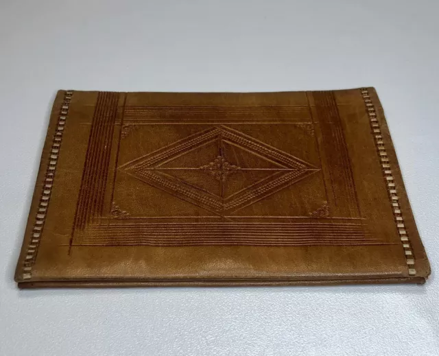 Vintage Leather Mens Wallet Billfold Bifold Long Brown Tan White Stitched Border