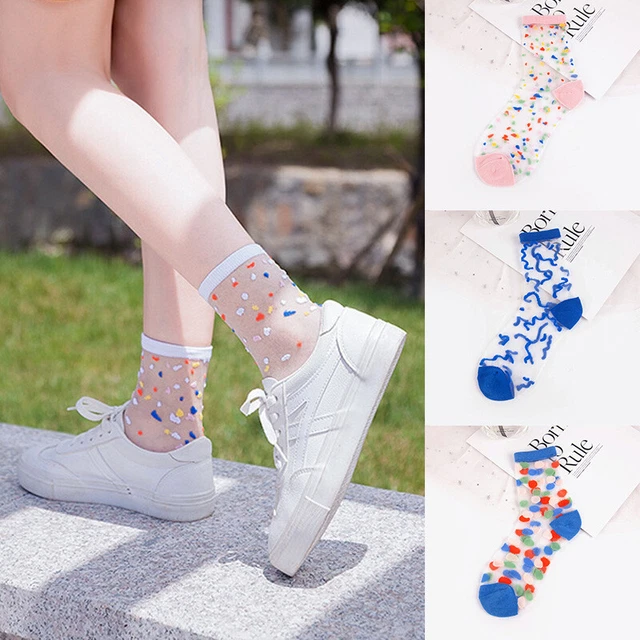 Women Girls Summer Dot Glass Socks Ultra Thin Crystal Transparent Mid Calf Socks