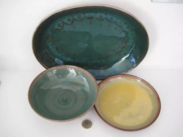 3 x PIECES CAMPDEN STUDIO ART POTTERY RUSTIC RETRO DISH PLATE BOWL YELLOW GREEN