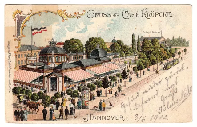 Hannover Gruß aus dem Café Kröpcke LITHO 03.06.1902 > Sebastiansberg in Böhmen