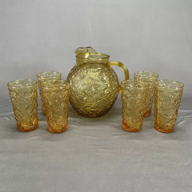 Vintage Anchor Hocking Amber Lido Milano Honey Gold Pitcher and 6 Glasses Yellow