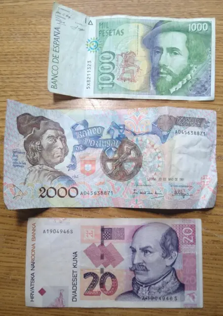 3 banknote lot portugal 2000 escudos 1991 spain 1000 pesetas 1992 croatia