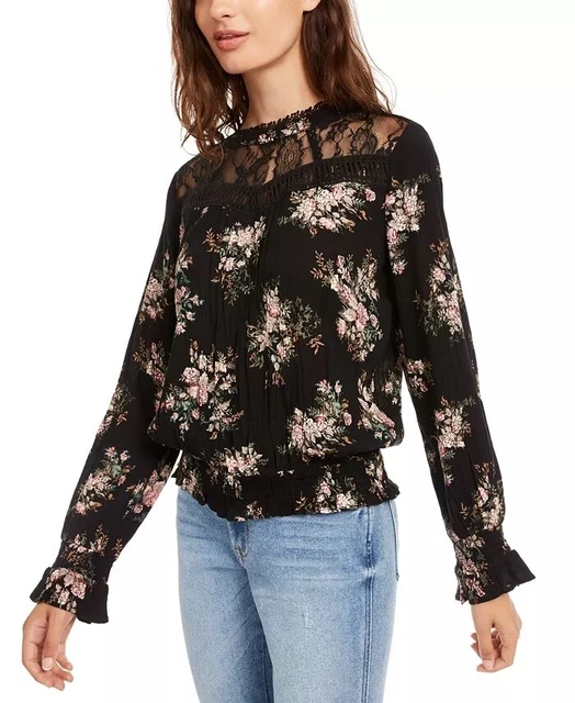 American Rag Junior's Lace Trimmed Smocked Waist Blouse Black Size Medium