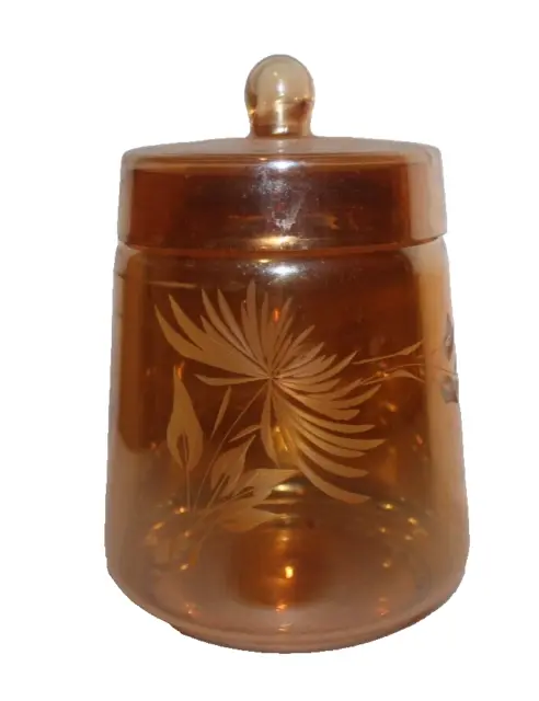 Vintage Iridescent Amber Lidded Carnival Glass Jar 13cm