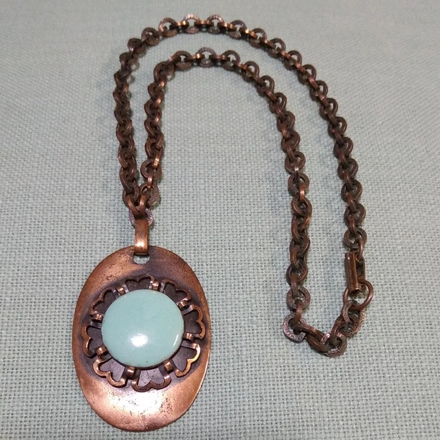 Vtg ART DECO Copper Turquoise FLOWER MEDALLION LINK CHAIN NECKLACE