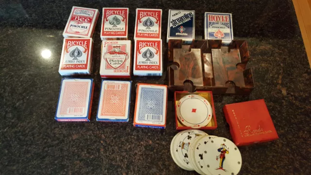 Box Lot of Cards Playing Poker Pinochle with Card Tray