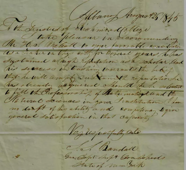 "Author" Samuel S Randall Hand Written Letter Dated 1845