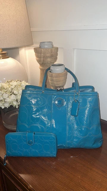 Coach Patent Leather Turquoise F15658 Kisslock Stitched Handbag Combo Blue Teal
