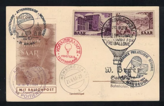 Timbres Montgolfiere Internationale Wettfahrt  Saarbrucken  Homburg  21/9/1953