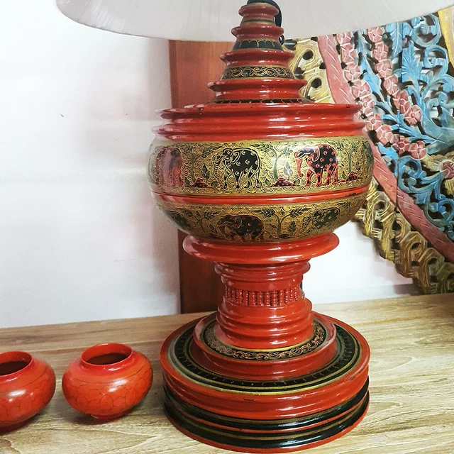 Burmese Food Storage Lacquerware Offering Stupa Shaped Traditional Home Decor 2