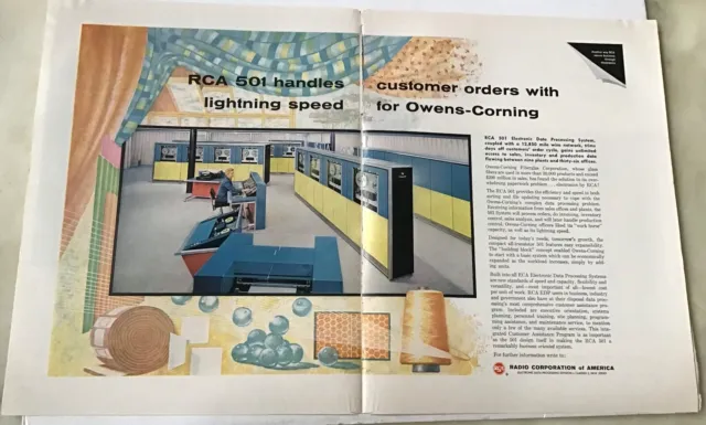 1959 double page magazine ad for RCA 501 computer - used by Owens-Corning