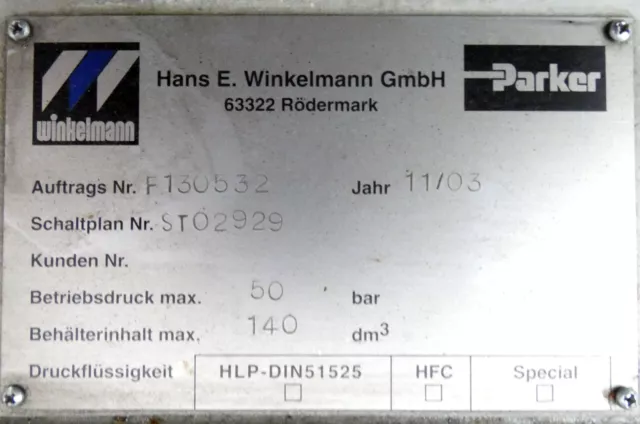 Parker Winkelmann LKI 210-400V-4 Gruppo idraulico F130532 50 bar 140dm3 -usato- 3