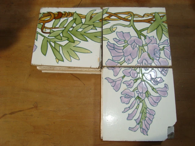 Purple wisteria flowers 36 France Sarreguemines Original antique reclaimed tiles 6