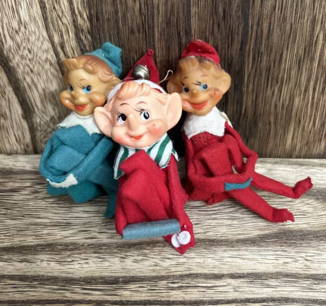 VINTAGE KNEE HUGGER Christmas Elves Pixie Elf Shelf Sitter Set of 3 ...