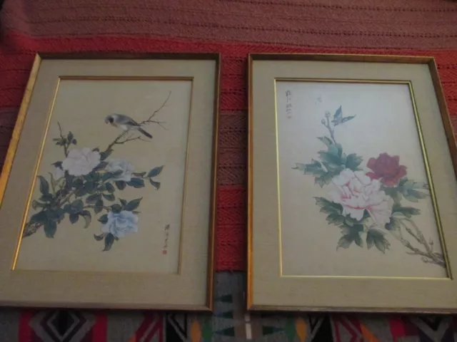 Pair of Chinese Bird Butterfly Botanical Paintings on Silk, Framed and Signed