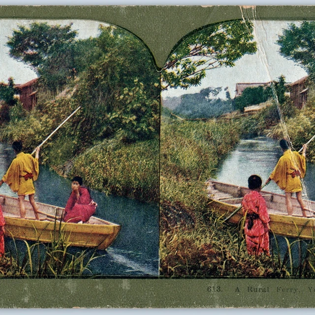 c1900s Yokohama, Japan Rural Ferry Stereo Card Boat Antique Litho Photo V14