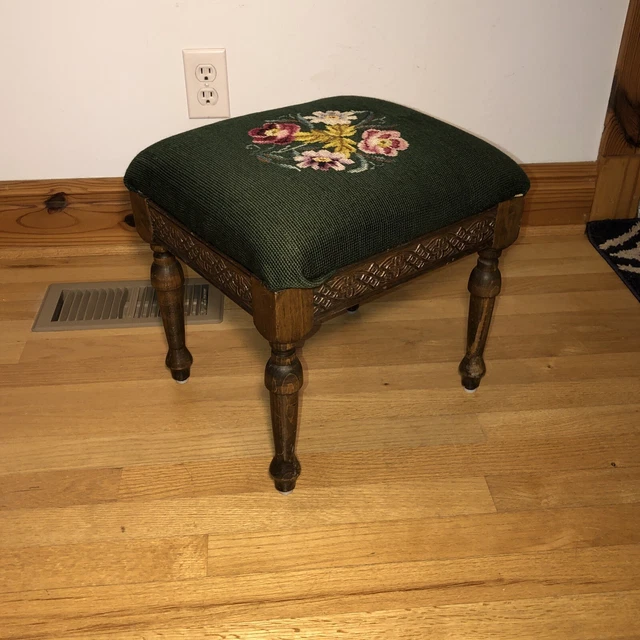 Needlepoint Floral green 14.5” Carved Wood cross stitch Footstool