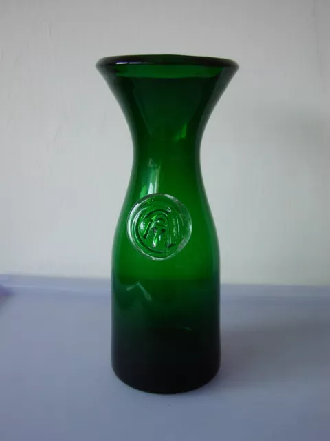 Art Glass Hand Blown Green Bottle Vase With Applied Seal