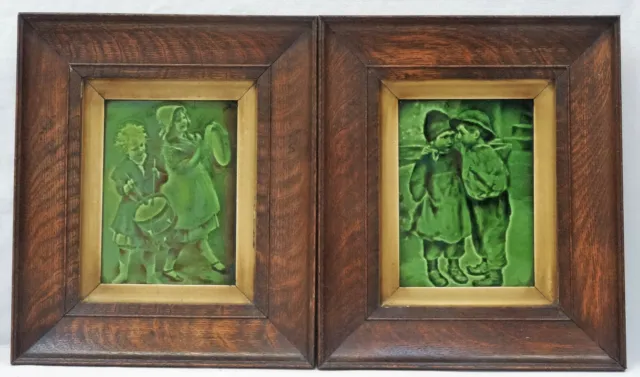 Pair Antique Emaux Ombrants? Oak Framed TILES - Children c1900