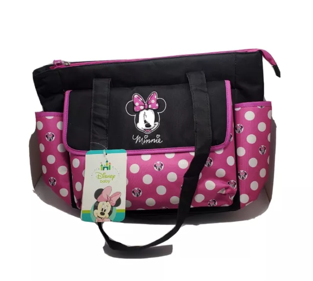 Disney Baby Minnie Mouse Black Canvas Pink Polka Dot Diaper Bag W/ Changing Pad