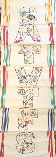 Vtg 50s 40s 7 MARTEX Days of the Week Chores Embroidered Linen Tea Towel Kitchen