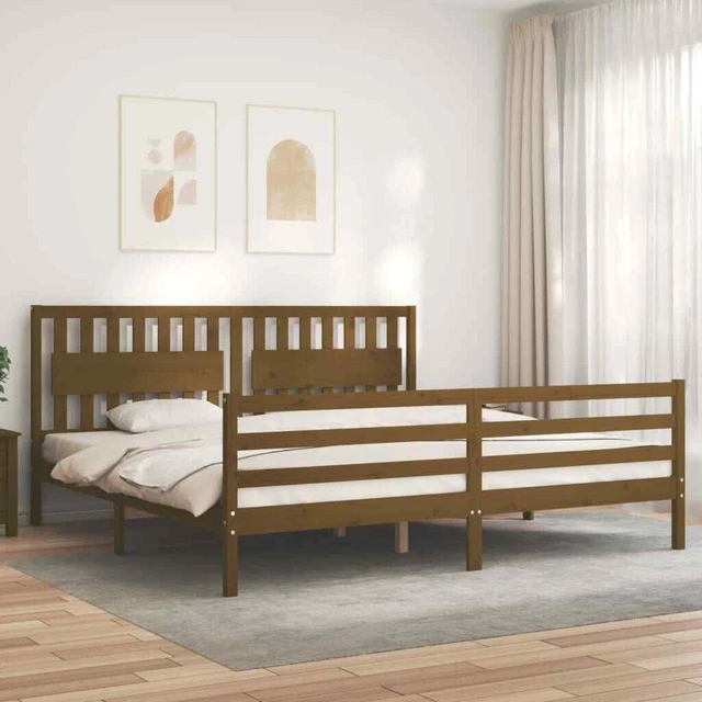 GUYANA BED FRAME with Headboard Honey Brown 200x200 Solid Wood,Platform