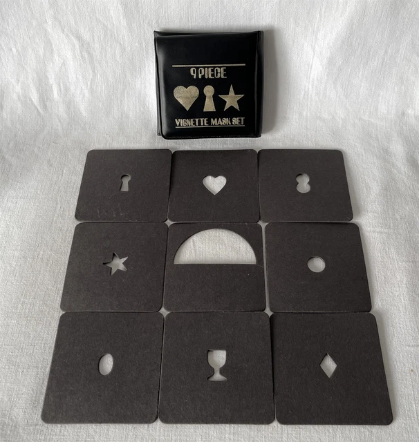 Juego de máscaras de viñeta vintage de 9 piezas - cuadrados de cartón de 67 mm en estuche de vinilo