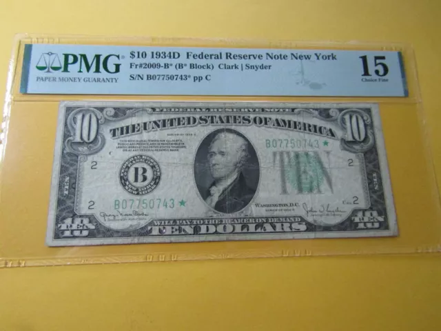 $10 1934-D New York Star Note Fr.#2009-B* - PMG Choice Fine 15