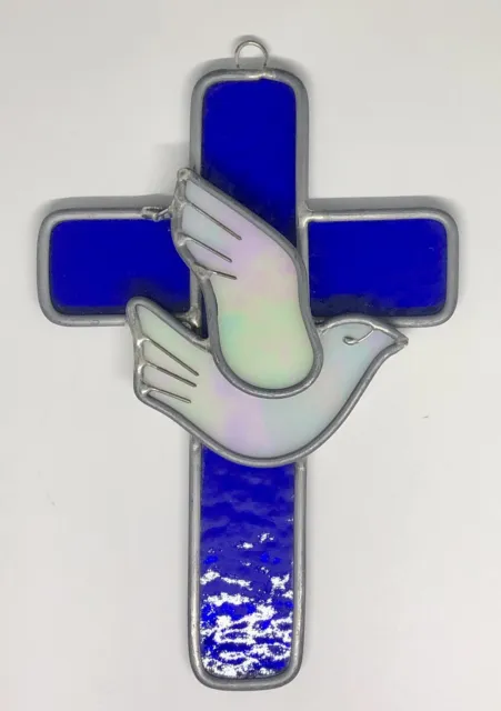 Vintage Stained Glass Cross With Dove Beautiful Sun Catcher Blue & Iridescent