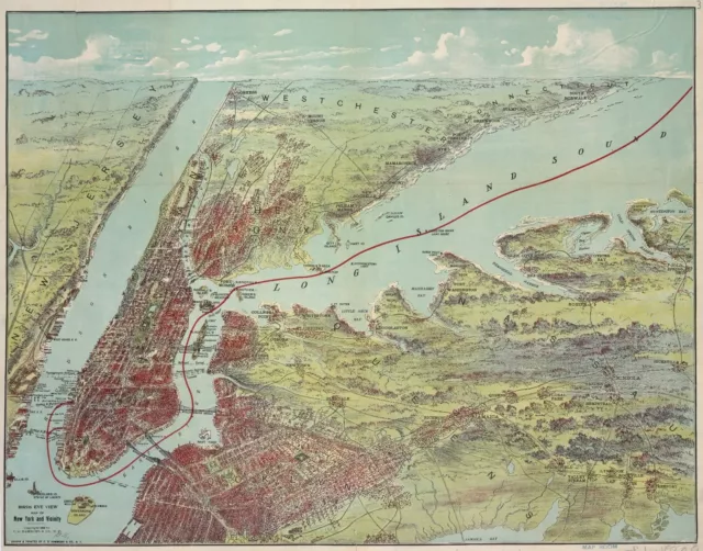 1909 Bird's Eye View Of Manhattan, Brooklyn, Queens, Bronx, New York Poster Map