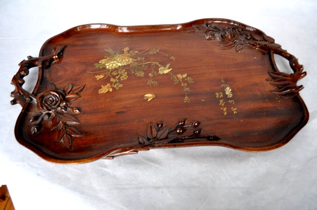 ANCIEN PLATEAU EN Bois Peint 1900 Signé Estier Décor Pensées Lilas