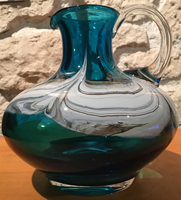 Murano Carafe En Verre Souflé Couleur Bleu Blanc Nuancé 1970’s