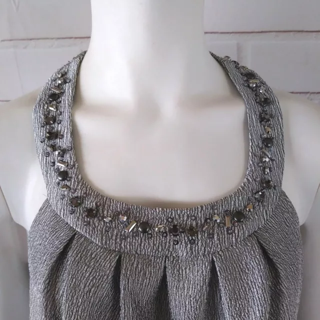 Laundry Shelli Segal Size 6 Dress Silver Sleeveless Jewel Embellished Neck 2