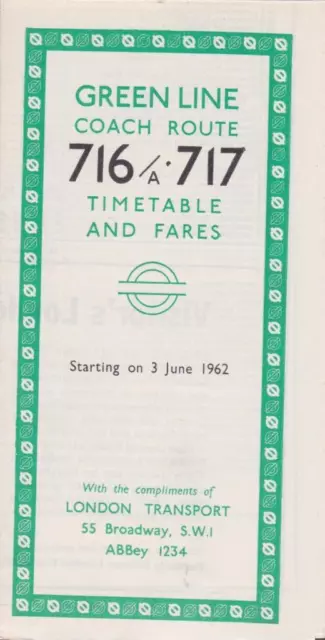 London Transport Green Line Coach Route 716 Bus Timetable Lft Jun 1962