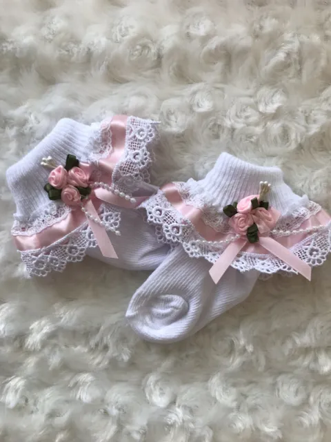 White Frill Baby Socks with Pink Ribbon Guipure Pearl Rosebud Trim size Newborn