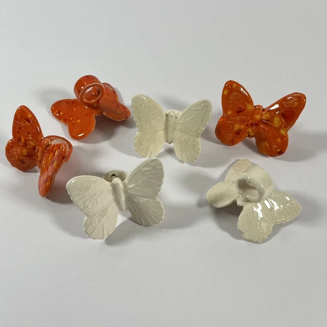 Vintage Ceramic Macrame Butterfly Beads Butterflies Orange Speckled White Retro 2