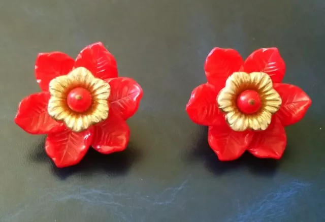 Boucles D'oreilles Clips Forme De Fleurs Rouge Et Doré / VIntage