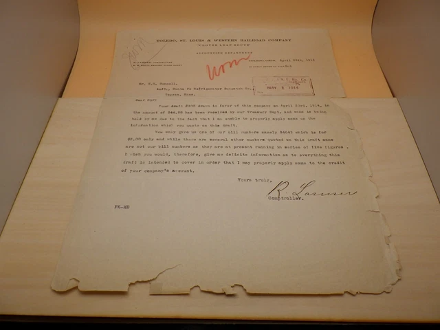 Toledo St Louis Western Company April 1914 Paper Document Railroad Train