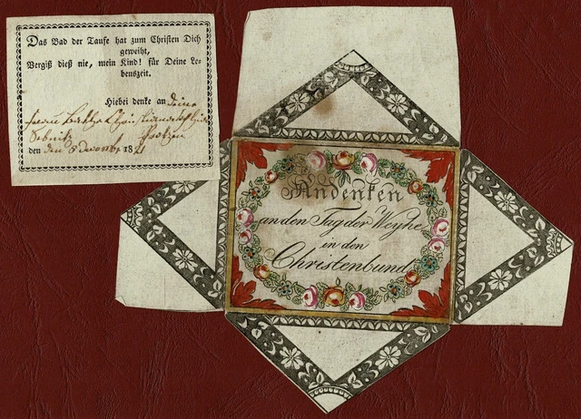 TAUFBRIEF, PATENBRIEF; KOLORIERT; Rosenkranz mit Spruch; datiert 1821 ...