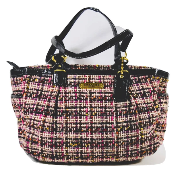 Coach Multi-Colored Pink Tweed Handbag Black Patent Leather Tote Purse - F20025