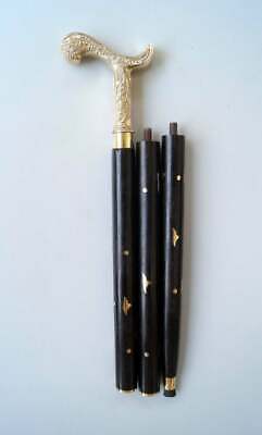 Victorian Gentlemen Handle Black Wooden Walking Stick Inlaid Designer Brass Cane