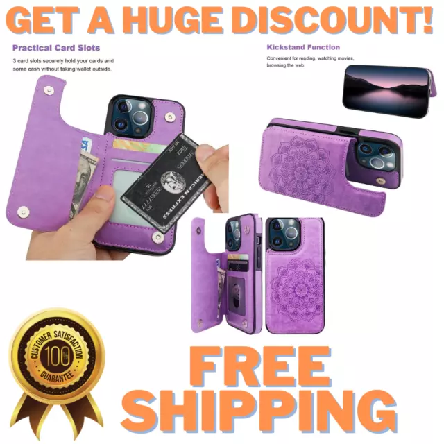 Leather Mandala Flower iPhone 13 Pro Back Case Purple W/ Card Holder Pocket Flip