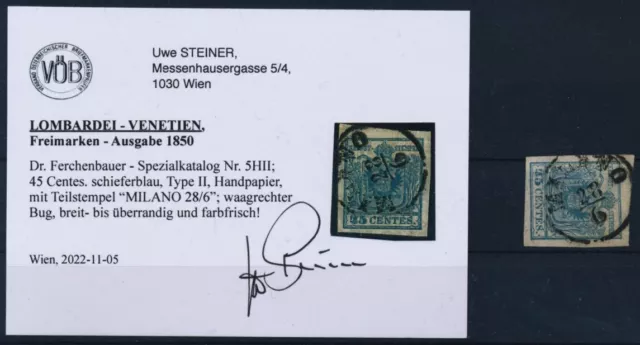 LOMBARDEI-VENETIEN 1850 45C, SCHIEFERBLAU! HP, Type II. Uwe STEINER Befund!