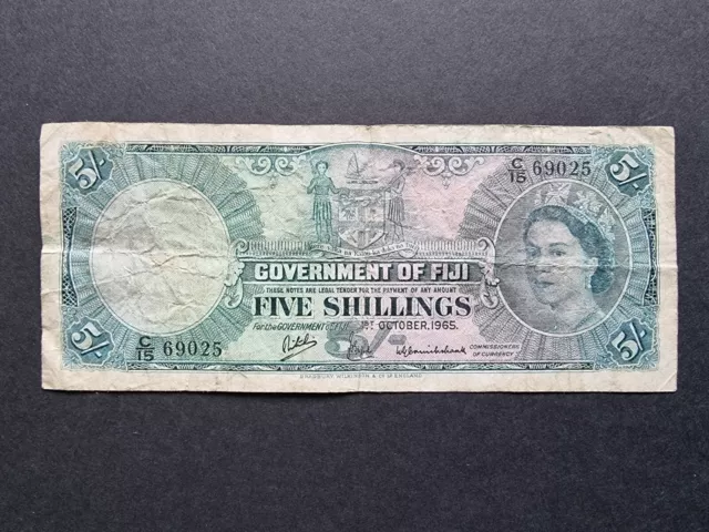 1965 Fiji British Administration 5 Shillings P51d Banknote Note QEII