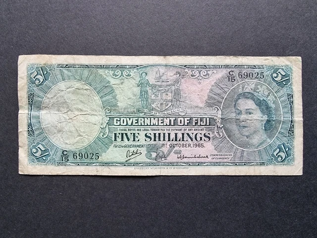 1965 Fiji British Administration 5 Shillings P51d Banknote Note QEII