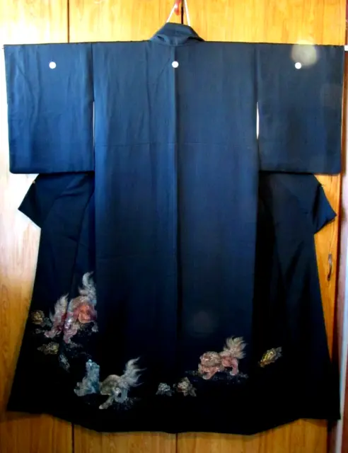 Japanese Traditional Kyo-yuzen Kimono Tomesode Black Silk w/Emblem & Three Lion