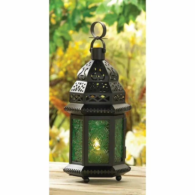 Metal Moroccan Style Green Glass Candleholder Lantern Indoor Outdoor Decor